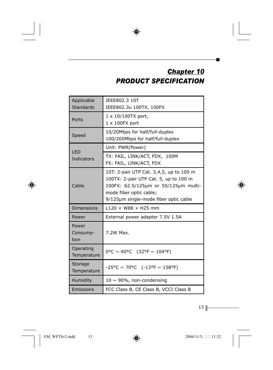 Chapter 10 product specification | PLANET WFT-801 User Manual | Page 15 / 18
