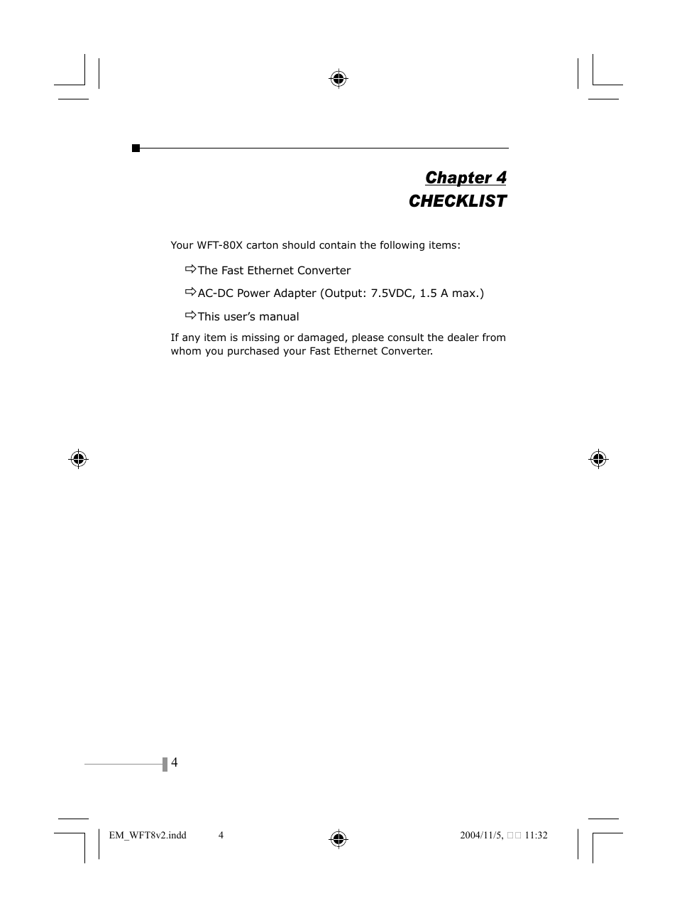 Chapter 4 checklist | PLANET WFT-801 User Manual | Page 6 / 18