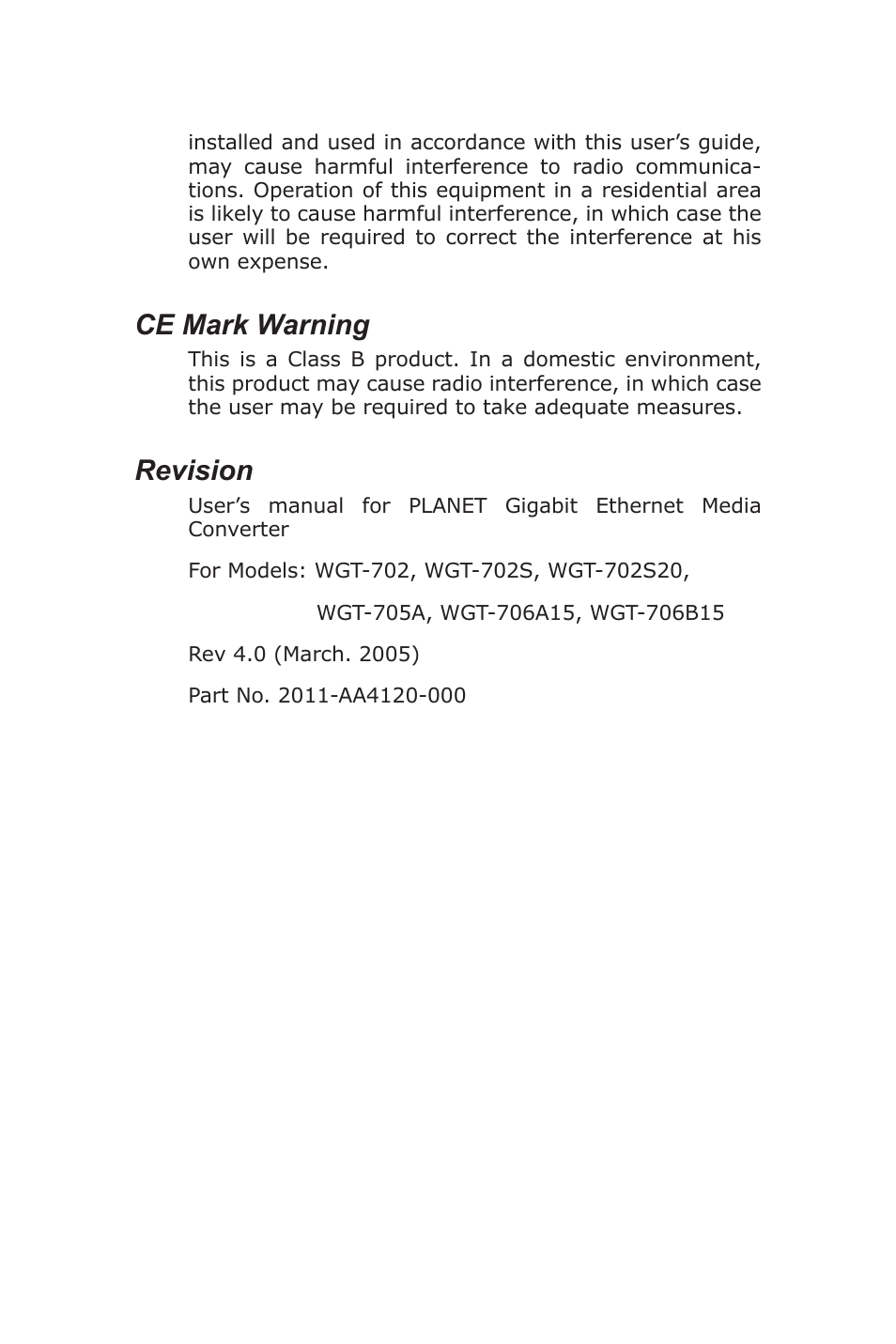 Ce mark warning, Revision | PLANET WGT-702 User Manual | Page 2 / 18