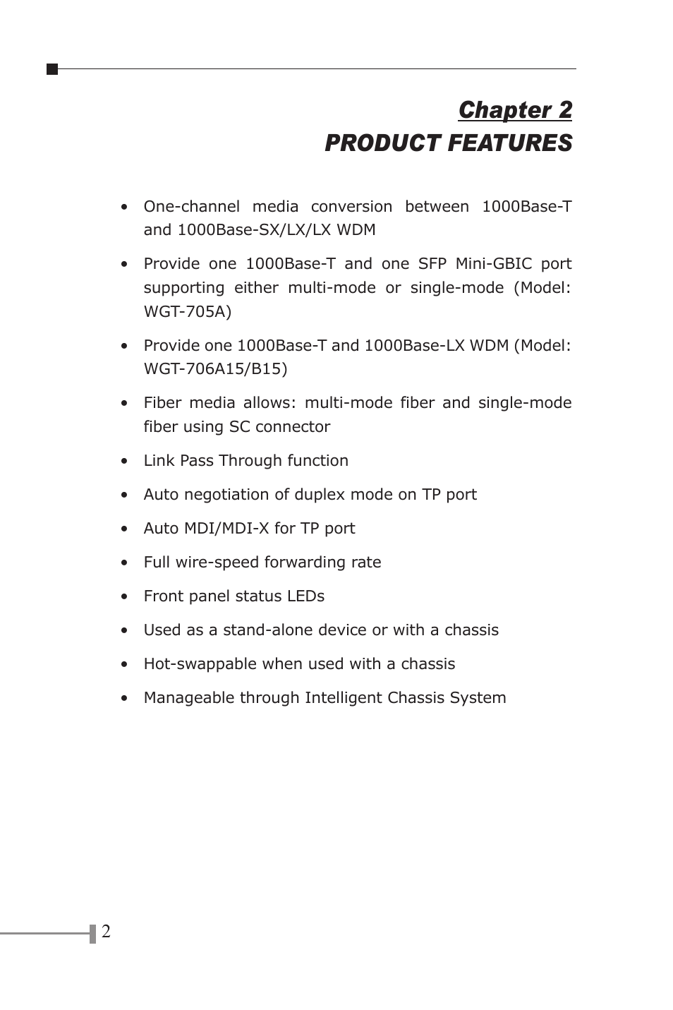 Product features, Chapter 2 product features | PLANET WGT-702 User Manual | Page 6 / 18
