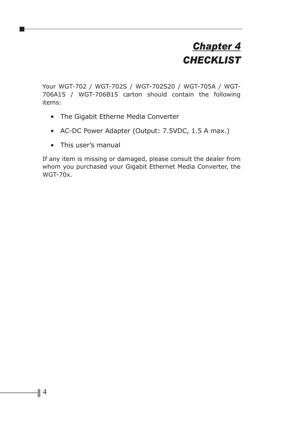 Dip switch, Chapter 4 checklist | PLANET WGT-702 User Manual | Page 8 / 18