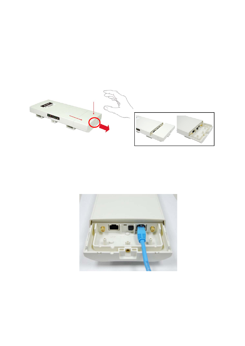 2 hardware installation, 1 connect up, Figure 3 move the cover | Figure 4 cable connection | PLANET WNAP-7300 User Manual | Page 16 / 70