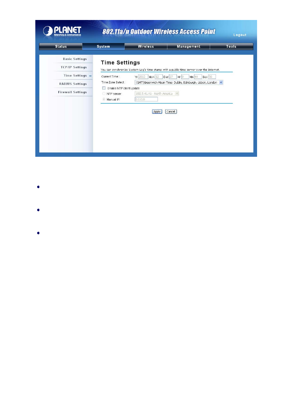 6 radius settings, Figure 19 time settings | PLANET WNAP-7300 User Manual | Page 31 / 70