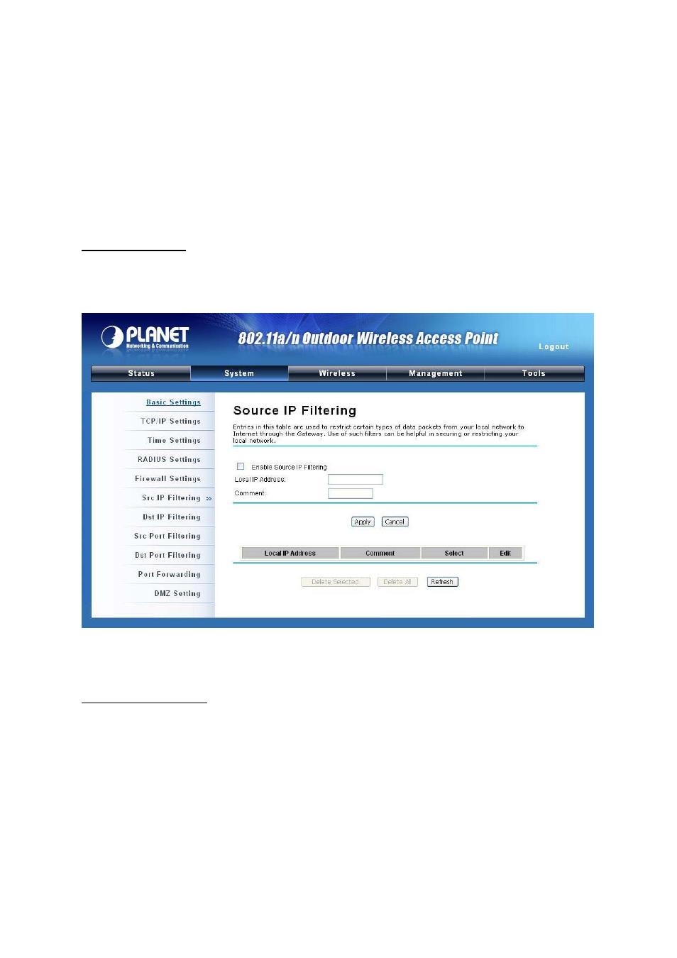 7 firewall settings, Figure 21 source ip filtering | PLANET WNAP-7300 User Manual | Page 33 / 70