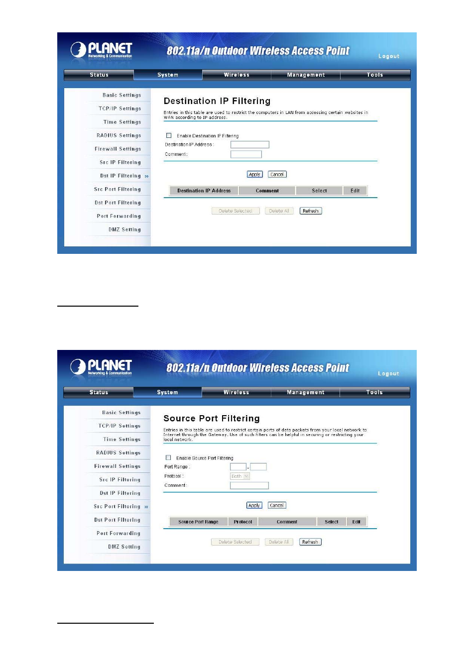 Figure 22 destination ip filtering, Figure 23 source port filtering | PLANET WNAP-7300 User Manual | Page 34 / 70