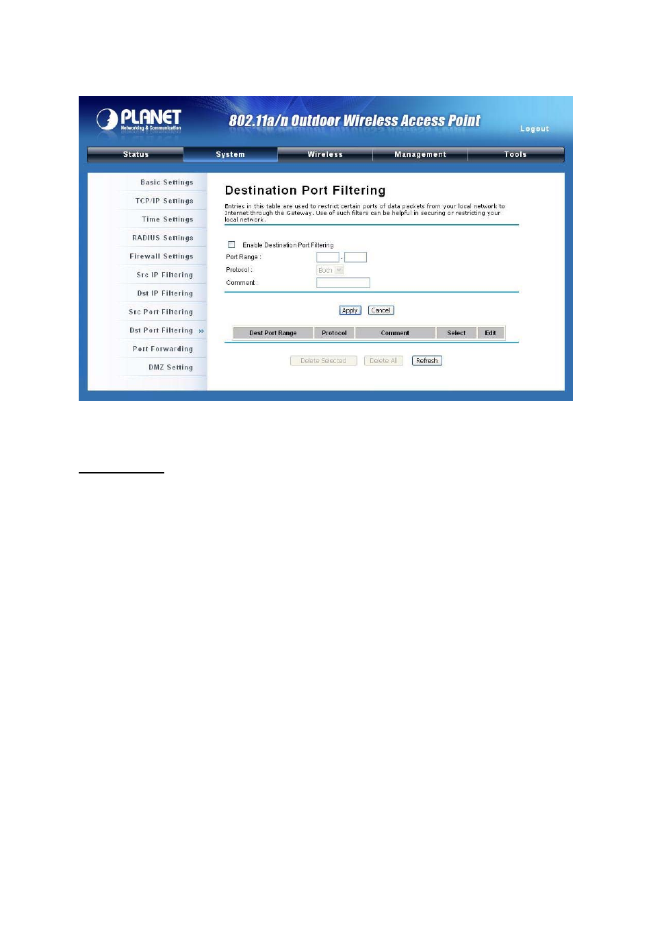 Figure 24 destination port filtering | PLANET WNAP-7300 User Manual | Page 35 / 70