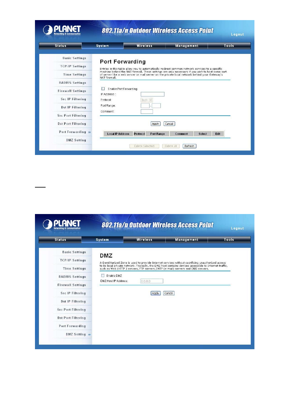Figure 25 port forwarding, Figure 26 dmz | PLANET WNAP-7300 User Manual | Page 36 / 70
