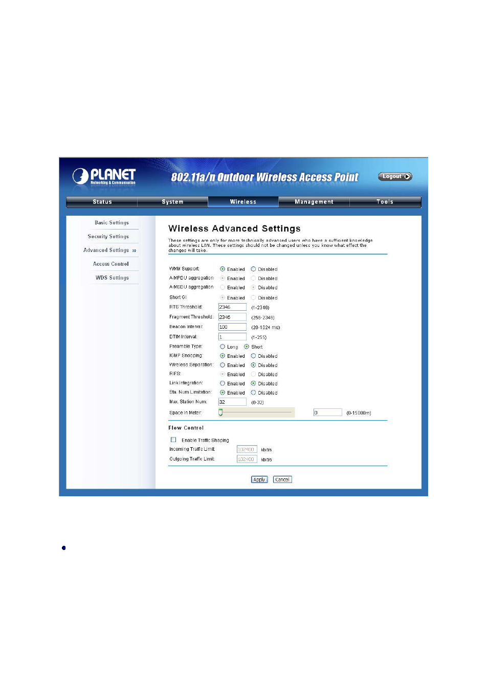 Chapter 4 advanced settings, 1 advanced wireless settings, Figure 29 advanced wireless settings | PLANET WNAP-7300 User Manual | Page 41 / 70