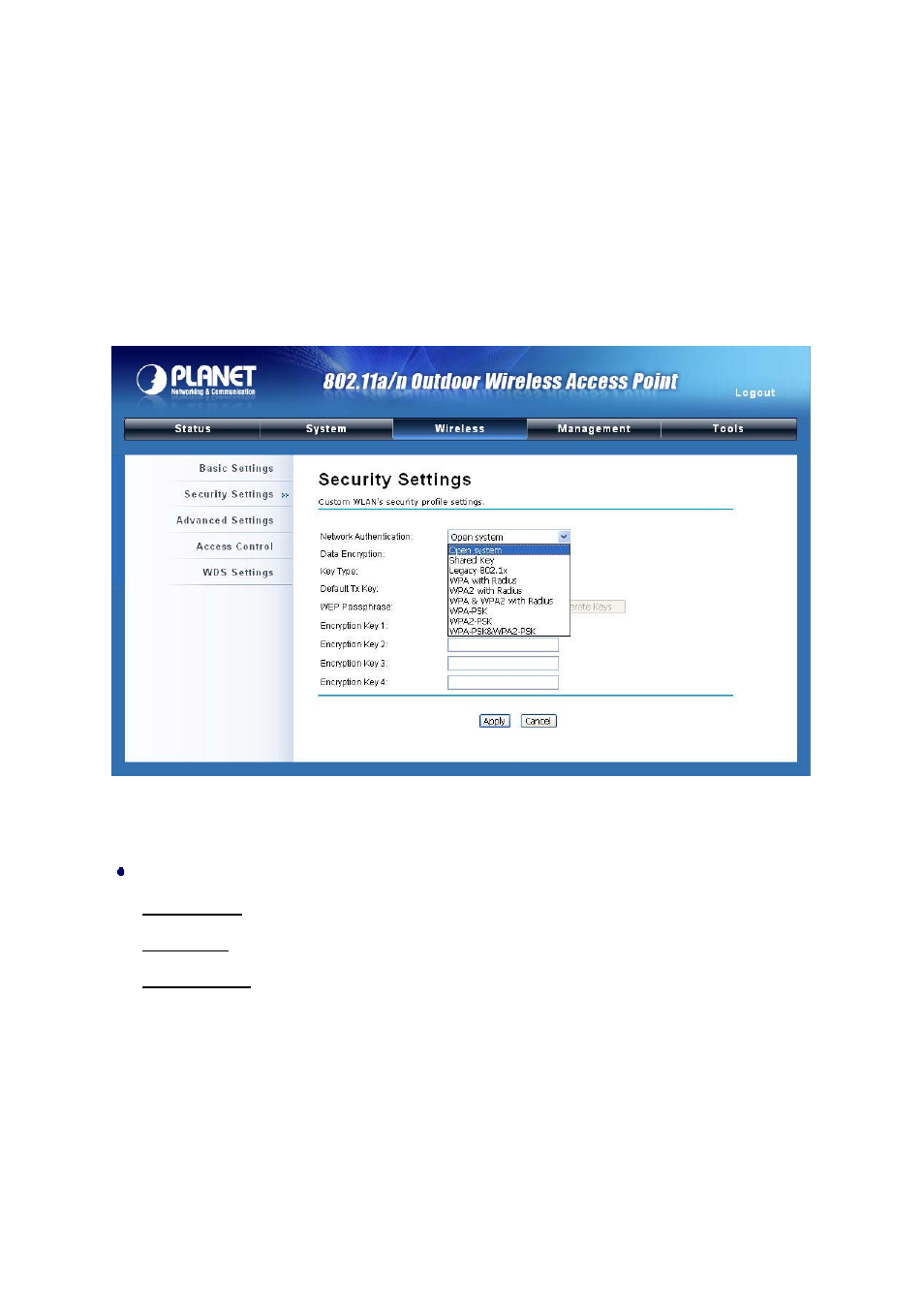 2 wireless security settings, 1 security settings, Figure 30 security settings | PLANET WNAP-7300 User Manual | Page 44 / 70