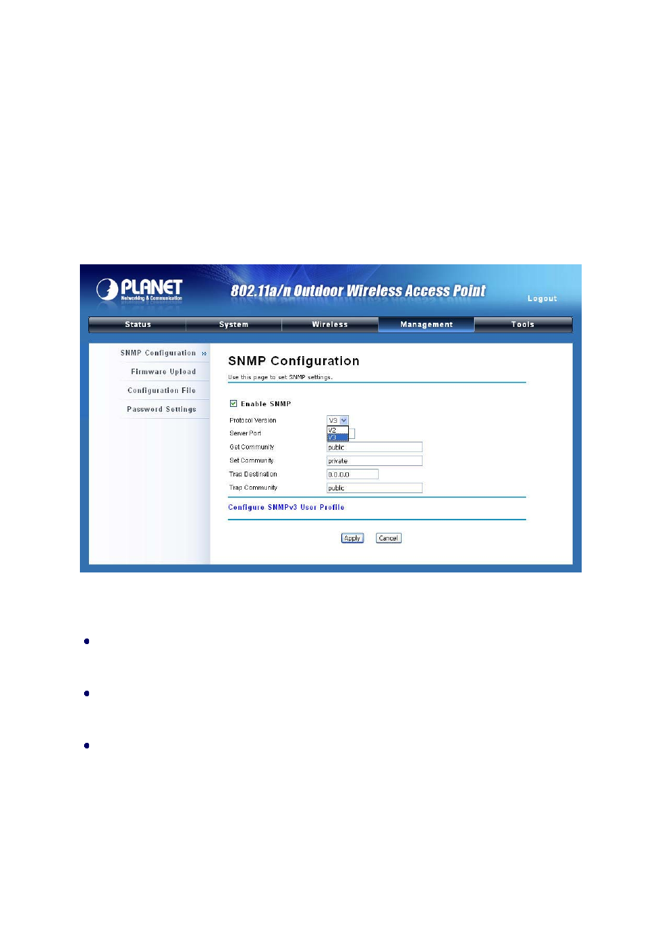 Chapter 5 management, 1 snmp management, Figure 33 snmp configuration | PLANET WNAP-7300 User Manual | Page 48 / 70