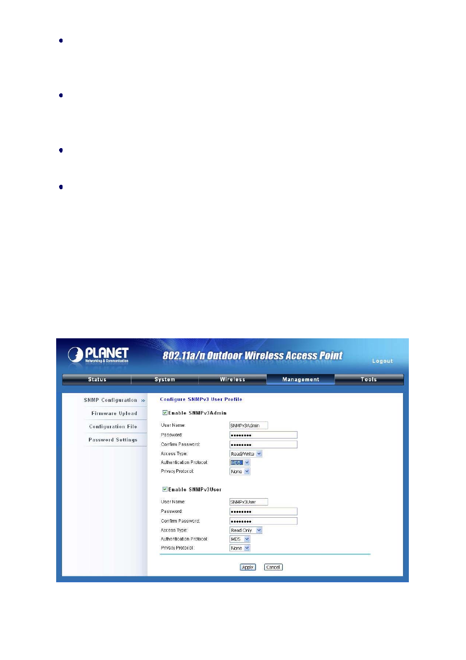 1 configure snmpv3 user profile, Figure 34 configure snmpv3 user profile | PLANET WNAP-7300 User Manual | Page 49 / 70