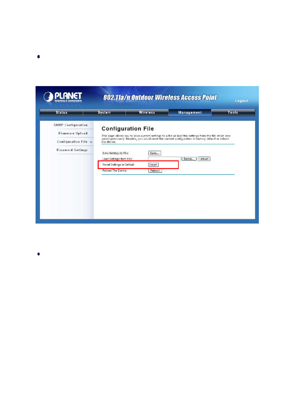 4 restore factory default settings, 5 reboot, Figure 37 restore settings | PLANET WNAP-7300 User Manual | Page 53 / 70