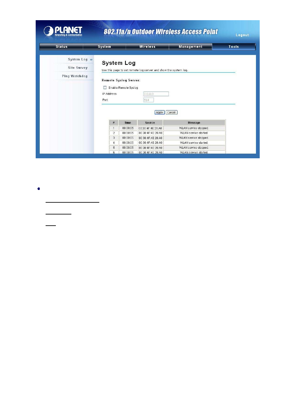 8 site survey, Figure 40 system log | PLANET WNAP-7300 User Manual | Page 56 / 70