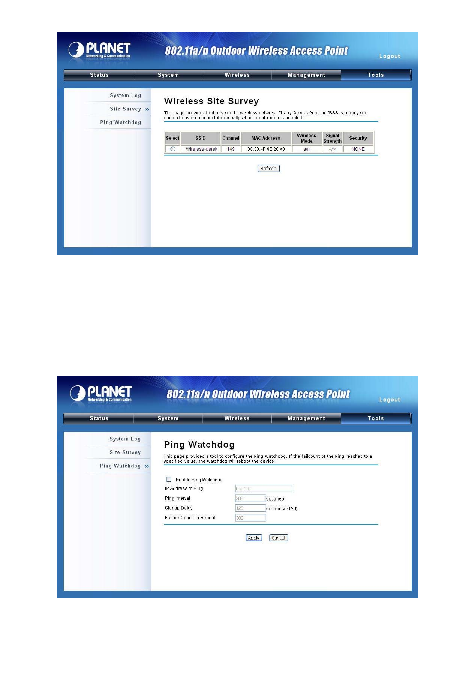 9 ping watch dog, Figure 41 site survey tool, Figure 42 ping watchdog | PLANET WNAP-7300 User Manual | Page 57 / 70
