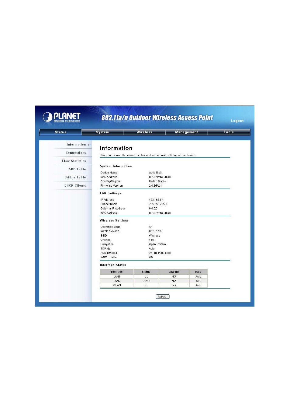 Chapter 6 status, 1 view basic information, Figure 43 basic information | PLANET WNAP-7300 User Manual | Page 59 / 70