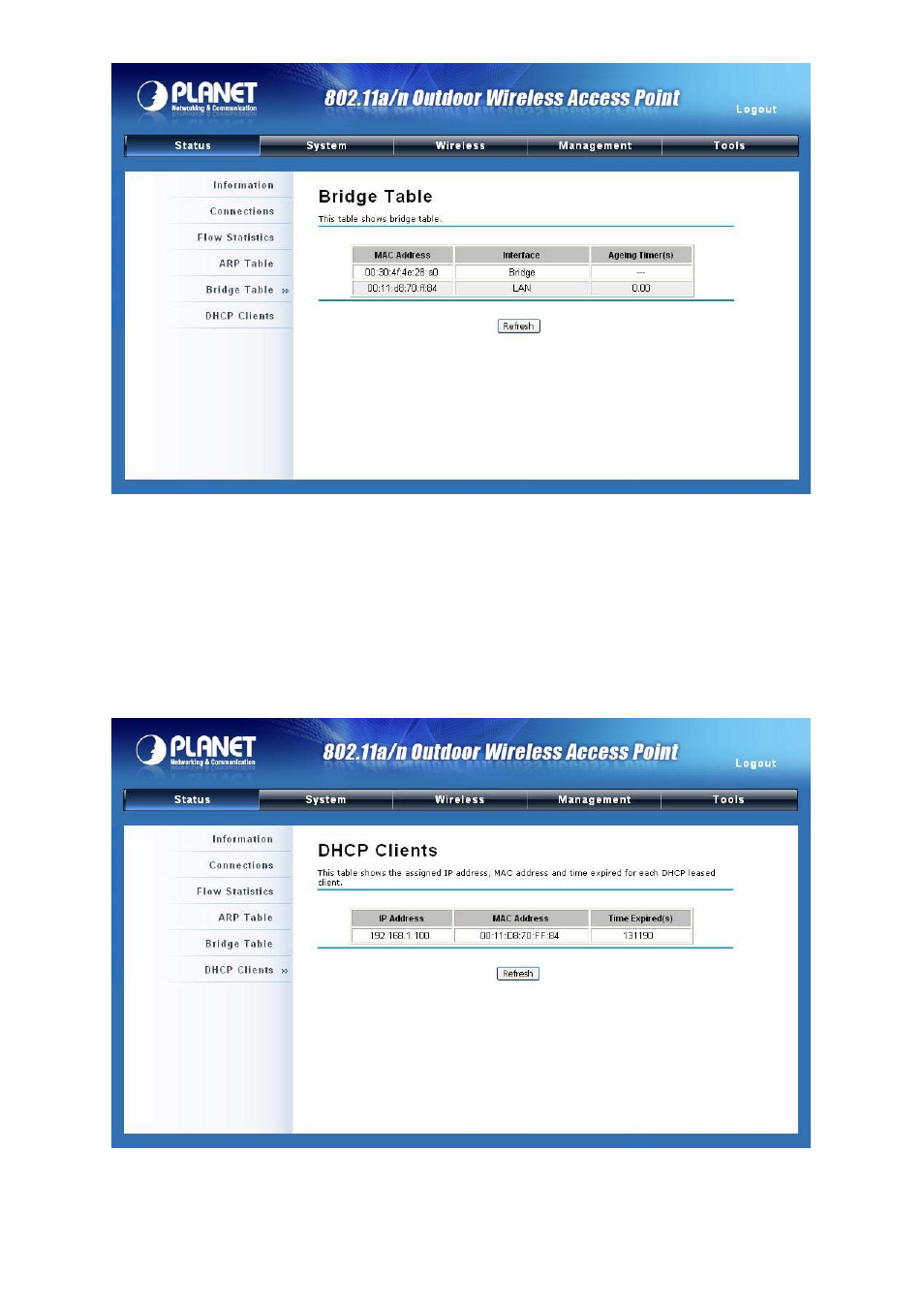 6 view active dhcp client table, Figure 47 bridge table, Figure 48 dhcp client table | PLANET WNAP-7300 User Manual | Page 63 / 70