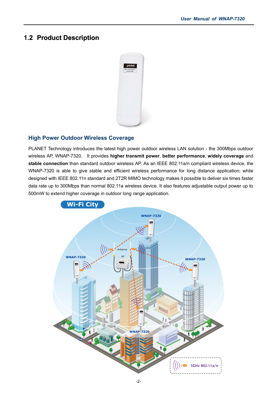 2 product description, Product description, 2 product description .2 product description | High power outdoor wireless coverage, Wi-fi city, User manual of wnap-7320 | PLANET WNAP-7320 User Manual | Page 10 / 106