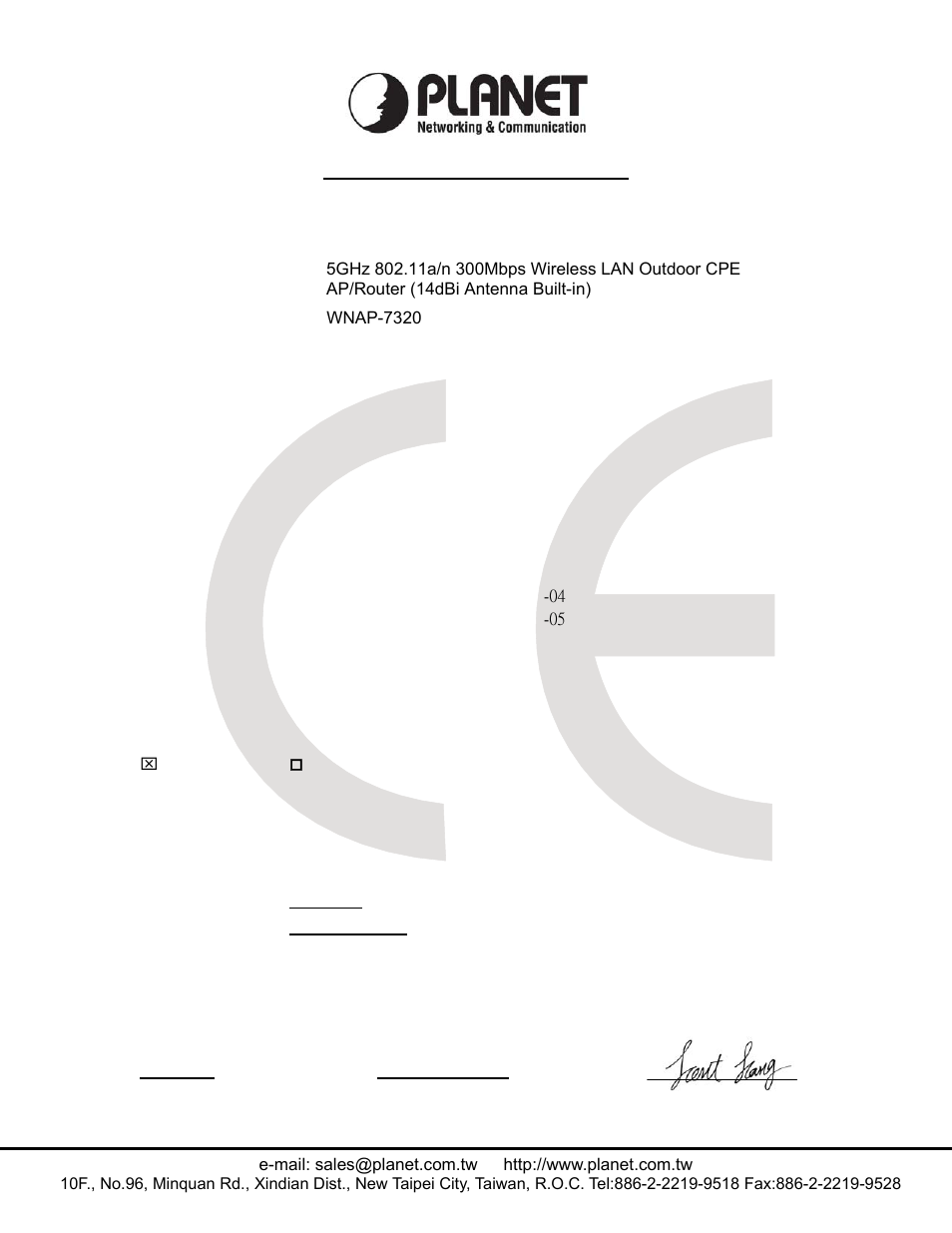 Ec declaration of conformity, Planet technology corporation | PLANET WNAP-7320 User Manual | Page 105 / 106