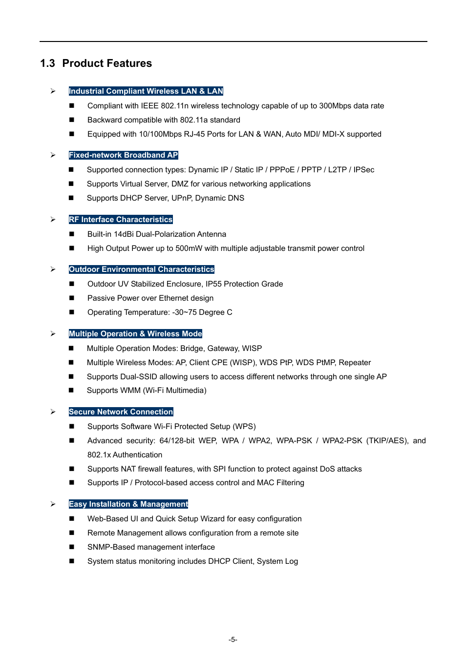 3 product features, Product features | PLANET WNAP-7320 User Manual | Page 13 / 106