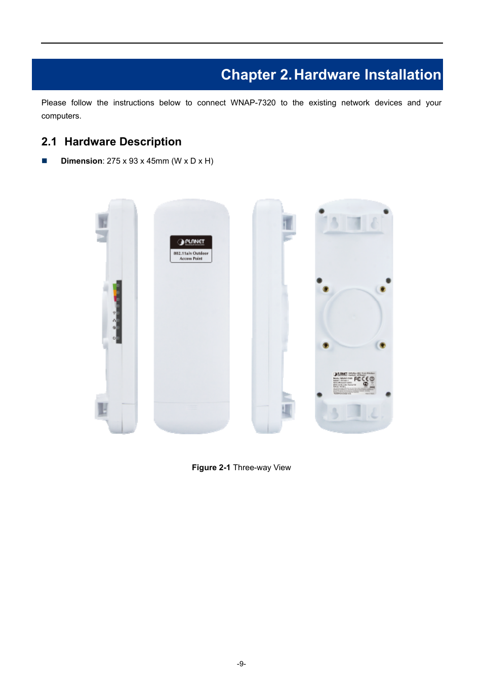 Chapter 2. hardware installation, 1 hardware description, Chapter 2 | Hardware installation, Hardware description | PLANET WNAP-7320 User Manual | Page 17 / 106