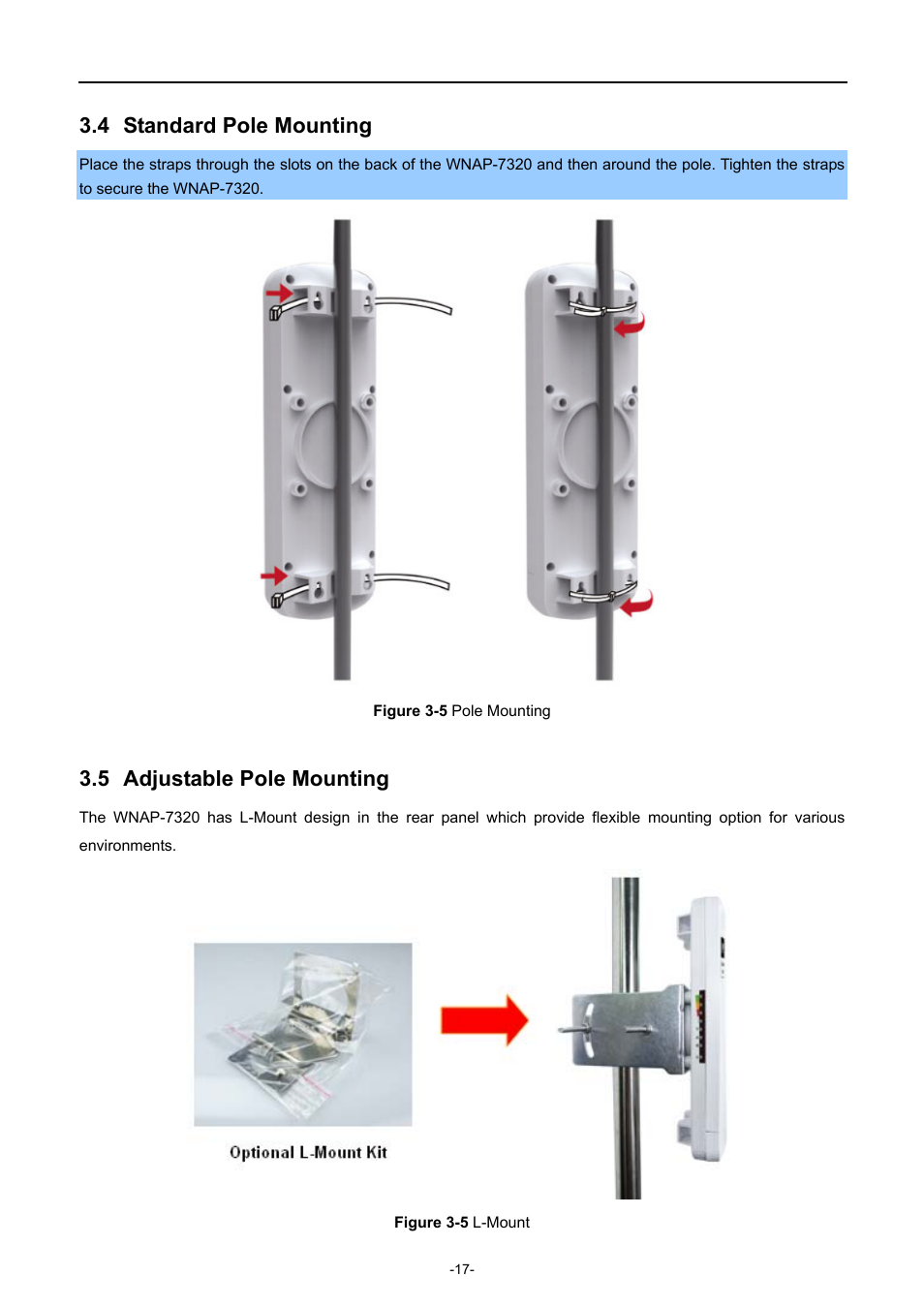 4 standard pole mounting, 5 adjustable pole mounting, Standard pole mounting | Adjustable pole mounting | PLANET WNAP-7320 User Manual | Page 25 / 106