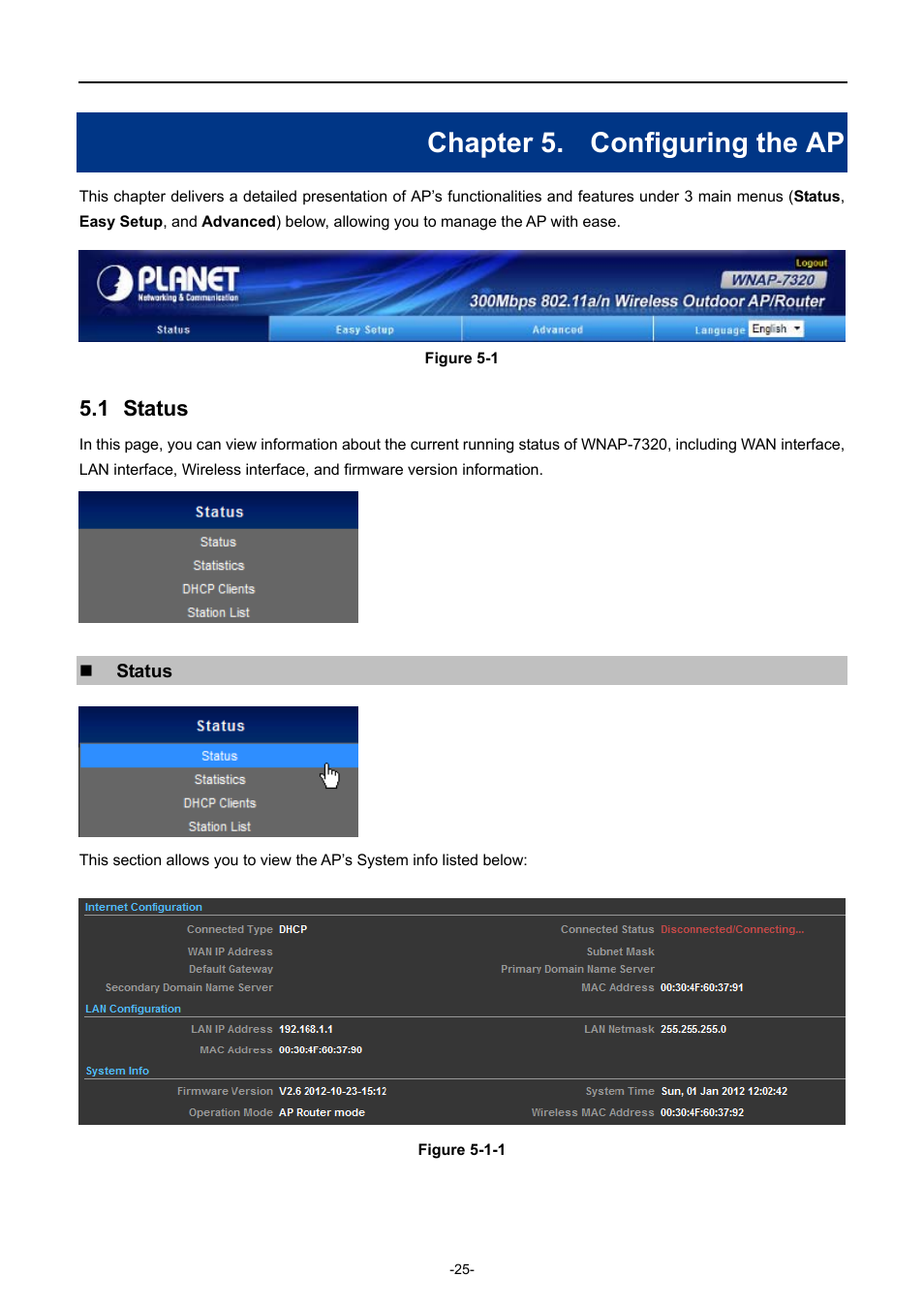 Chapter 5. configuring the ap, 1 status, Chapter 5 | Configuring the ap, Status | PLANET WNAP-7320 User Manual | Page 33 / 106