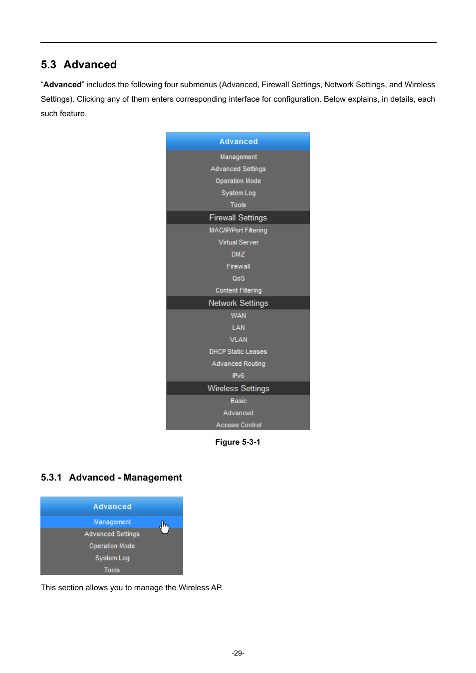 3 advanced, 1 advanced - management, Advanced | Advanced - management | PLANET WNAP-7320 User Manual | Page 37 / 106