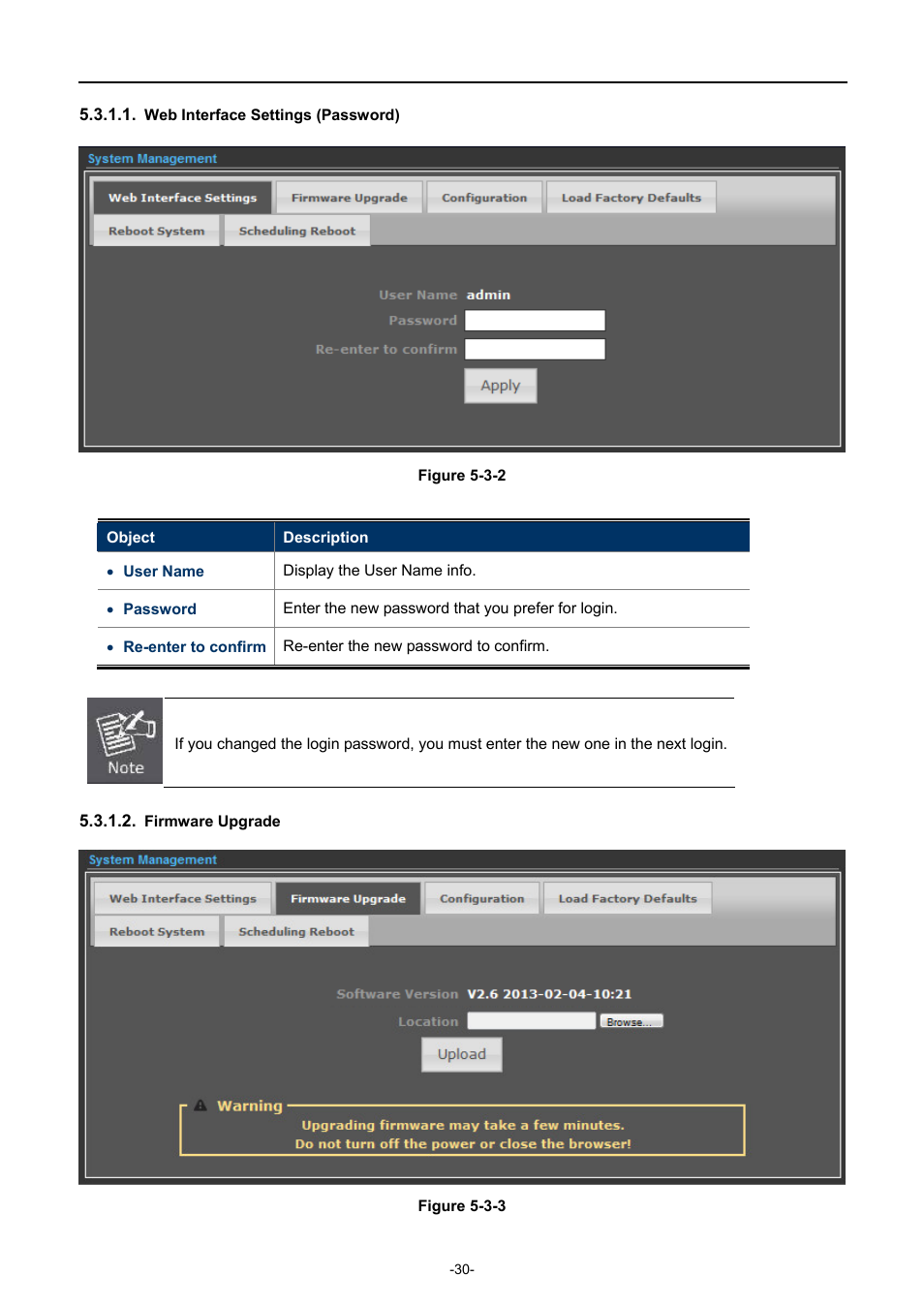 Web interface settings (password), Firmware upgrade | PLANET WNAP-7320 User Manual | Page 38 / 106