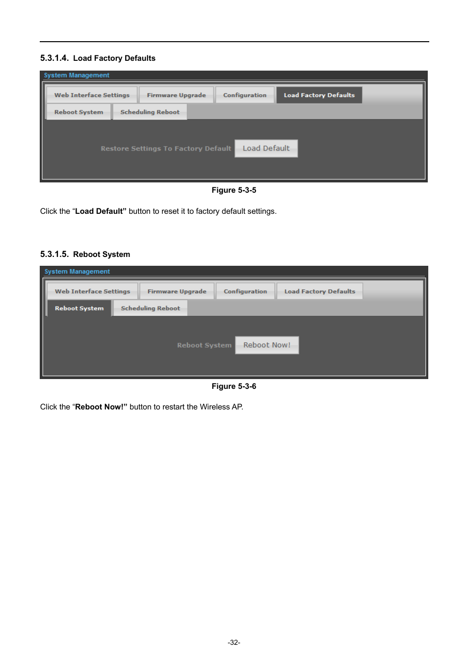 Load factory defaults, Reboot system | PLANET WNAP-7320 User Manual | Page 40 / 106