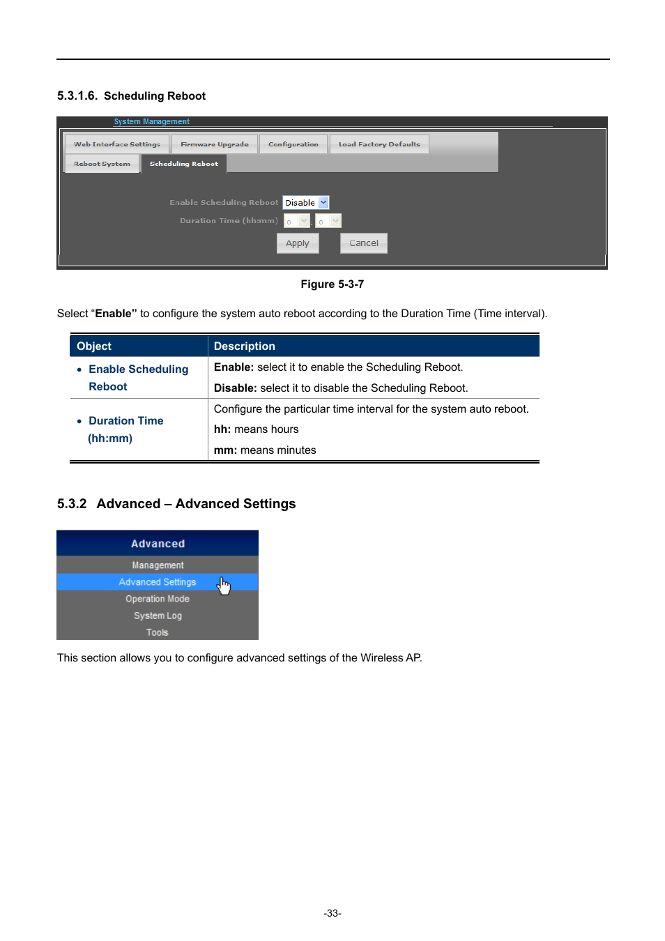 Scheduling reboot, 2 advanced – advanced settings, Advanced – advanced settings | PLANET WNAP-7320 User Manual | Page 41 / 106