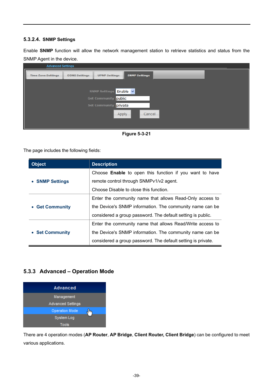 Snmp settings, 3 advanced – operation mode, Advanced – operation mode | PLANET WNAP-7320 User Manual | Page 47 / 106