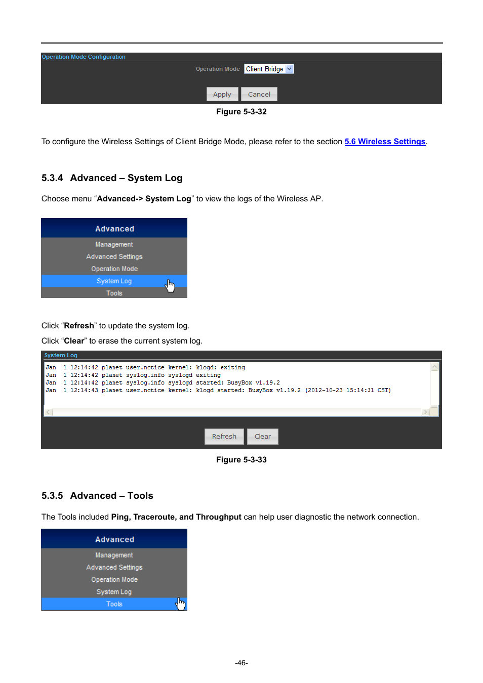 4 advanced – system log, 5 advanced – tools, Advanced – system log | Advanced – tools | PLANET WNAP-7320 User Manual | Page 54 / 106