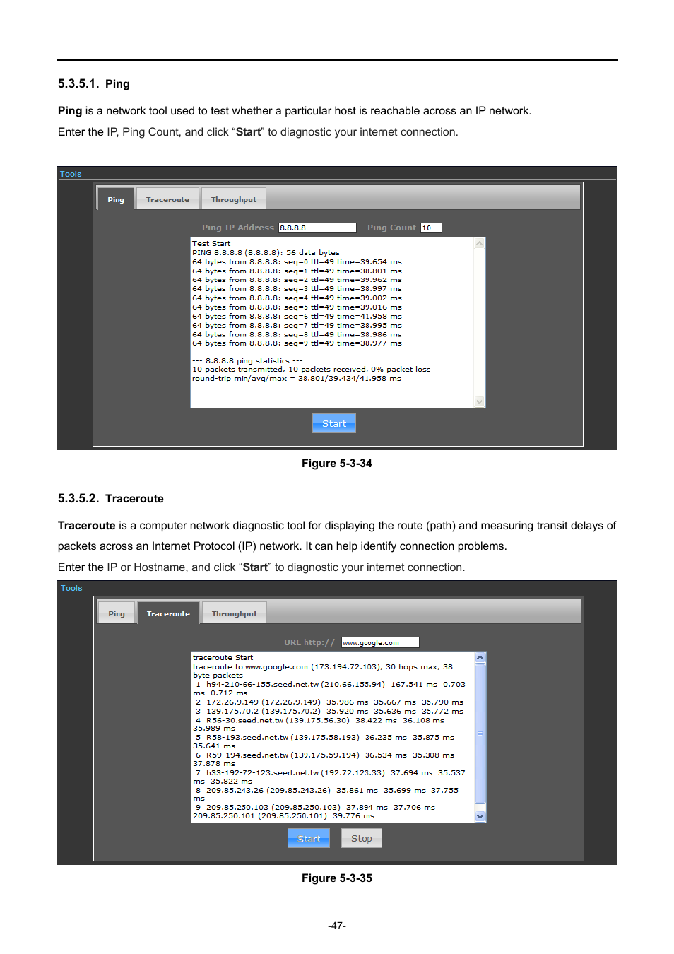 Ping, Traceroute | PLANET WNAP-7320 User Manual | Page 55 / 106