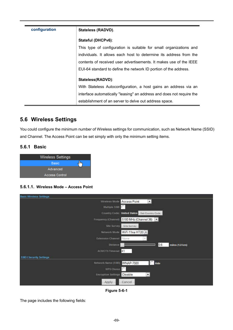 6 wireless settings, 1 basic, Wireless mode – access point | Wireless settings, Basic | PLANET WNAP-7320 User Manual | Page 77 / 106