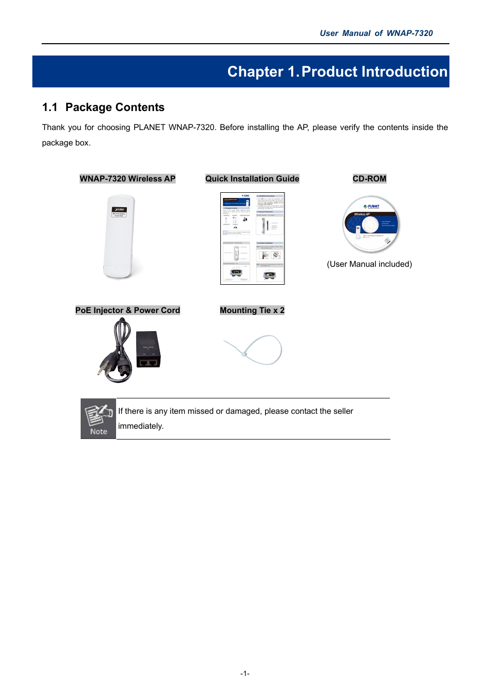 Chapter 1. product introduction, 1 package contents, Chapter 1 | Product introduction, Package contents | PLANET WNAP-7320 User Manual | Page 9 / 106