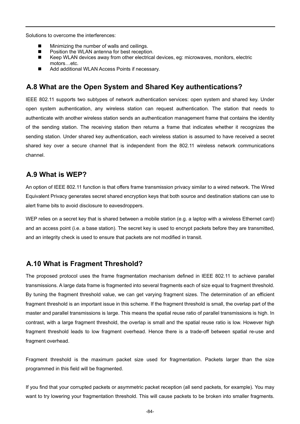 A.9 what is wep, A.10 what is fragment threshold | PLANET WNAP-7320 User Manual | Page 92 / 106