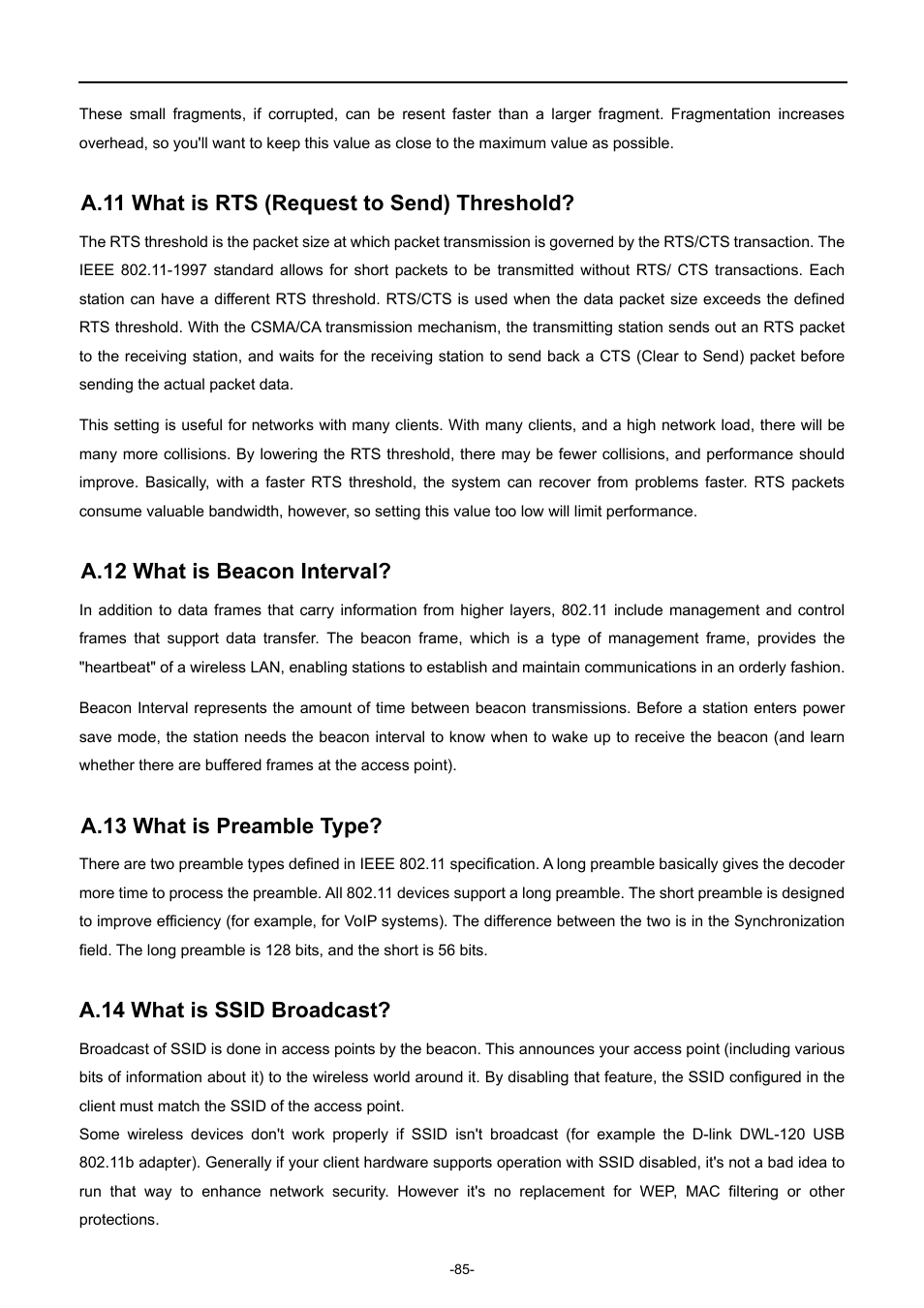 A.11 what is rts (request to send) threshold, A.12 what is beacon interval, A.13 what is preamble type | A.14 what is ssid broadcast | PLANET WNAP-7320 User Manual | Page 93 / 106