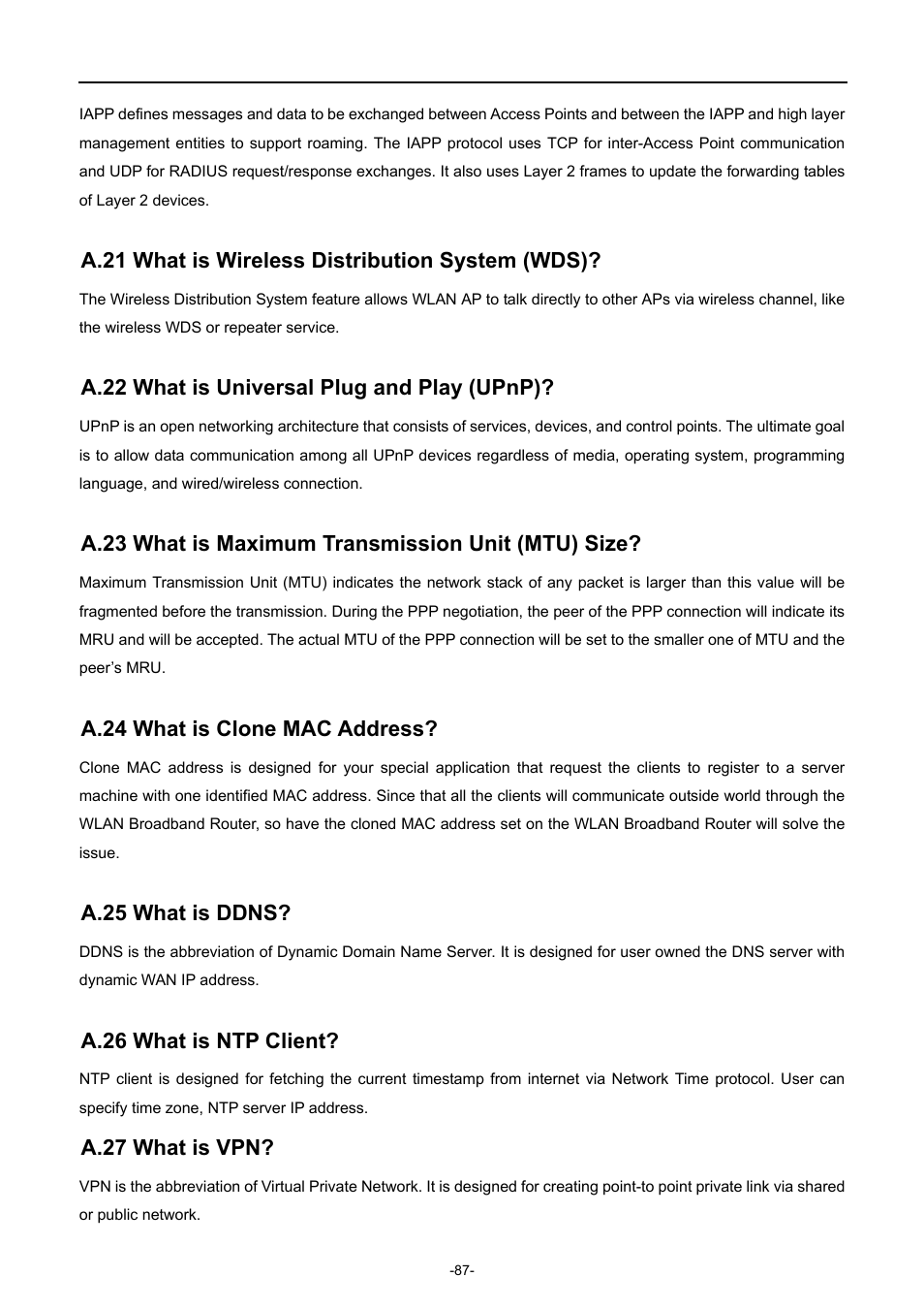 A.21 what is wireless distribution system (wds), A.22 what is universal plug and play (upnp), A.23 what is maximum transmission unit (mtu) size | A.24 what is clone mac address, A.25 what is ddns, A.26 what is ntp client, A.27 what is vpn | PLANET WNAP-7320 User Manual | Page 95 / 106