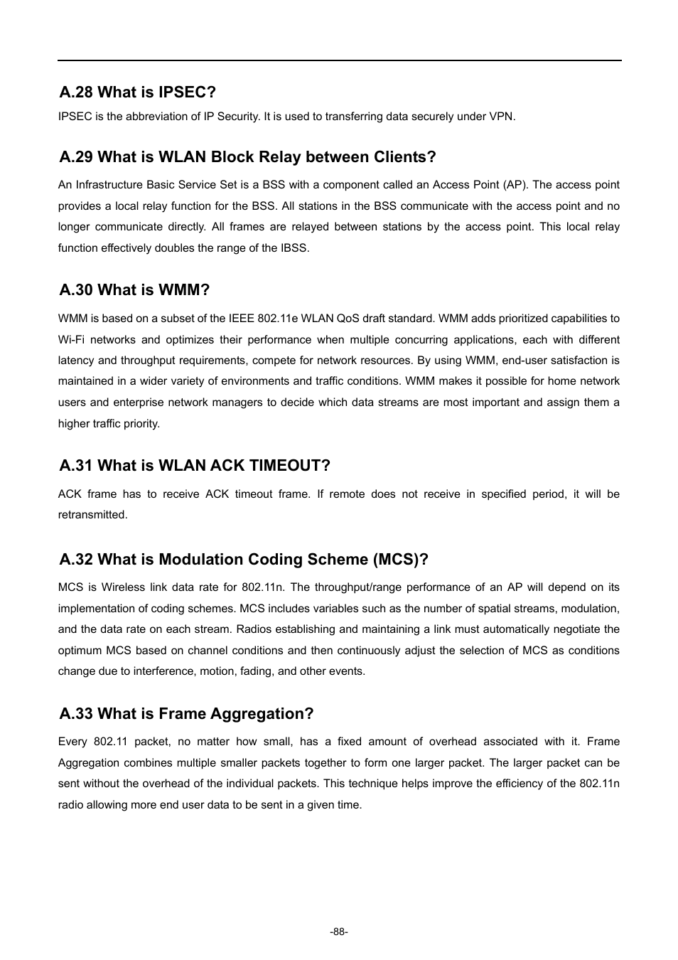 A.28 what is ipsec, A.29 what is wlan block relay between clients, A.30 what is wmm | A.31 what is wlan ack timeout, A.32 what is modulation coding scheme (mcs), A.33 what is frame aggregation | PLANET WNAP-7320 User Manual | Page 96 / 106