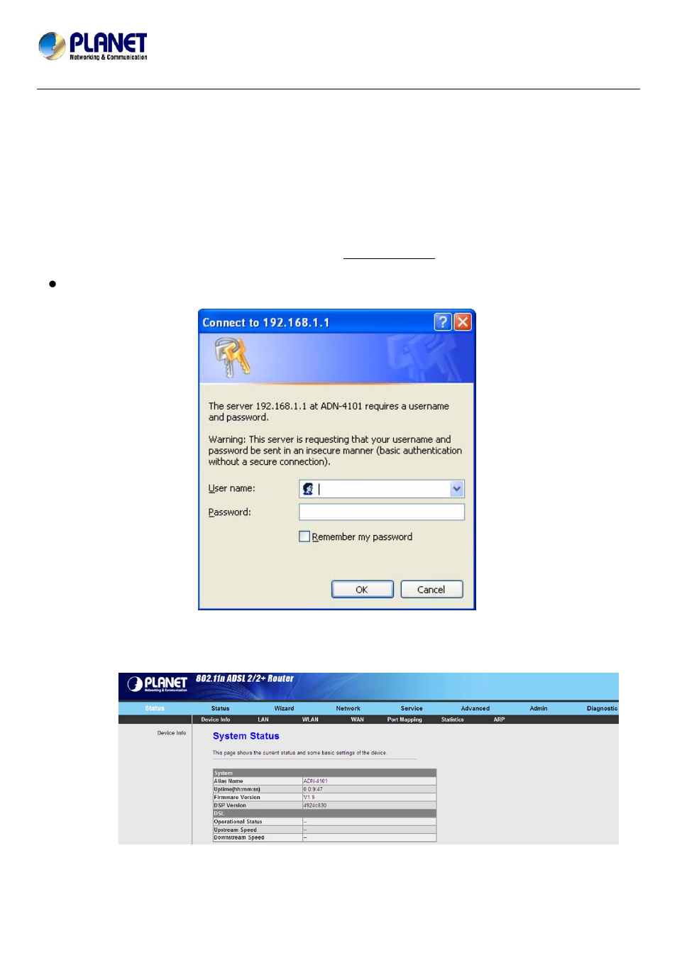 Chapter 3. web configuration, 1 accessing the router | PLANET ADN-4101 User Manual | Page 17 / 73