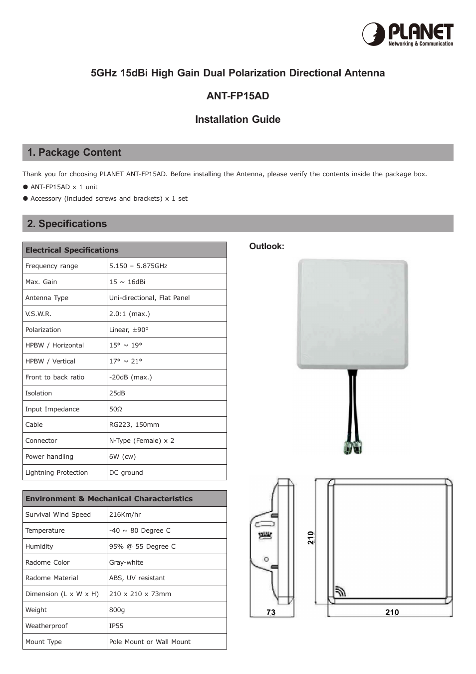 PLANET ANT-FP15AD User Manual | 2 pages