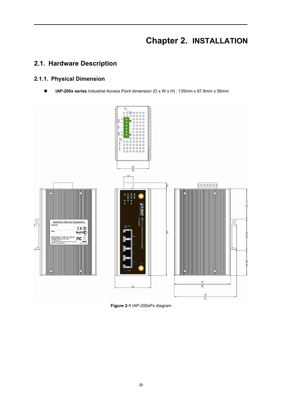 Chapter 2. installation, Hardware description, Physical dimension | Chapter 2, Installation | PLANET IAP-2000PE User Manual | Page 10 / 82