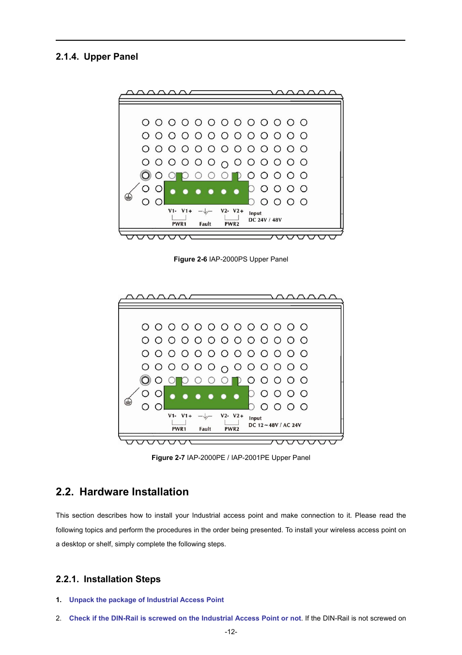 Upper panel, Hardware installation, Installation steps | PLANET IAP-2000PE User Manual | Page 13 / 82