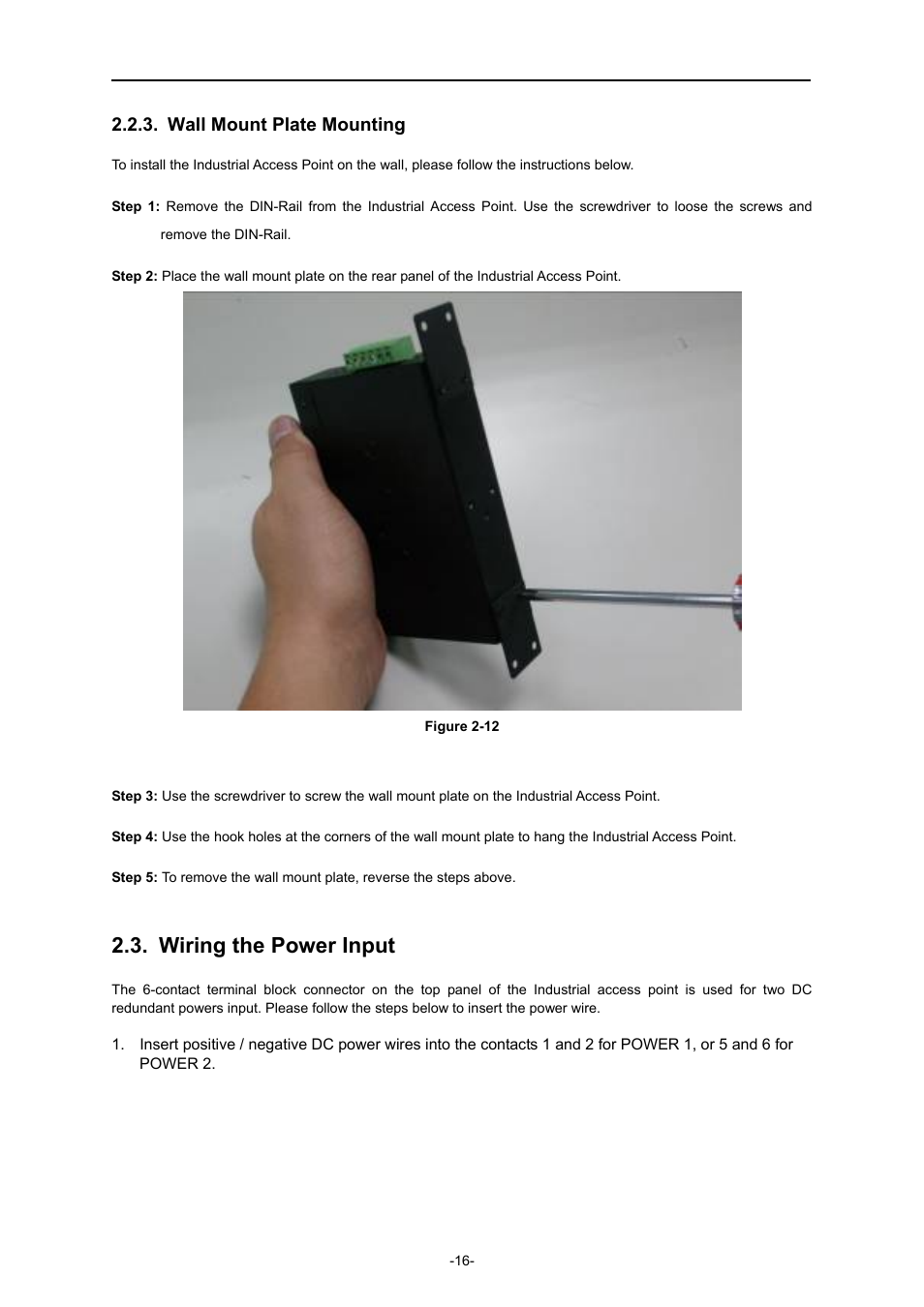 Wall mount plate mounting, Wiring the power input | PLANET IAP-2000PE User Manual | Page 17 / 82