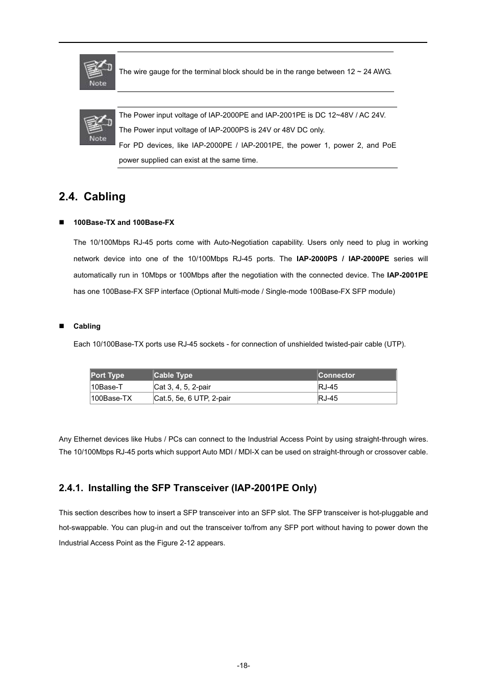 Cabling, Installing the sfp transceiver (iap-2001pe only) | PLANET IAP-2000PE User Manual | Page 19 / 82