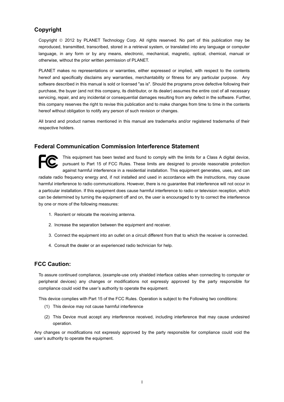 Copyright, Fcc caution | PLANET IAP-2000PE User Manual | Page 2 / 82