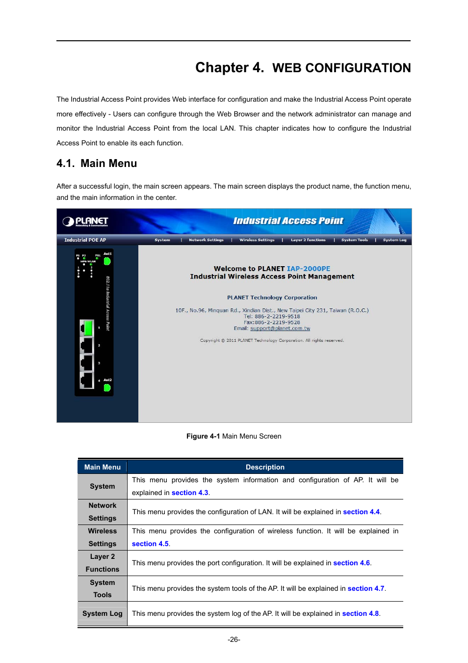 Chapter 4. web configuration, Main menu, Chapter 4 | Web configuration | PLANET IAP-2000PE User Manual | Page 27 / 82