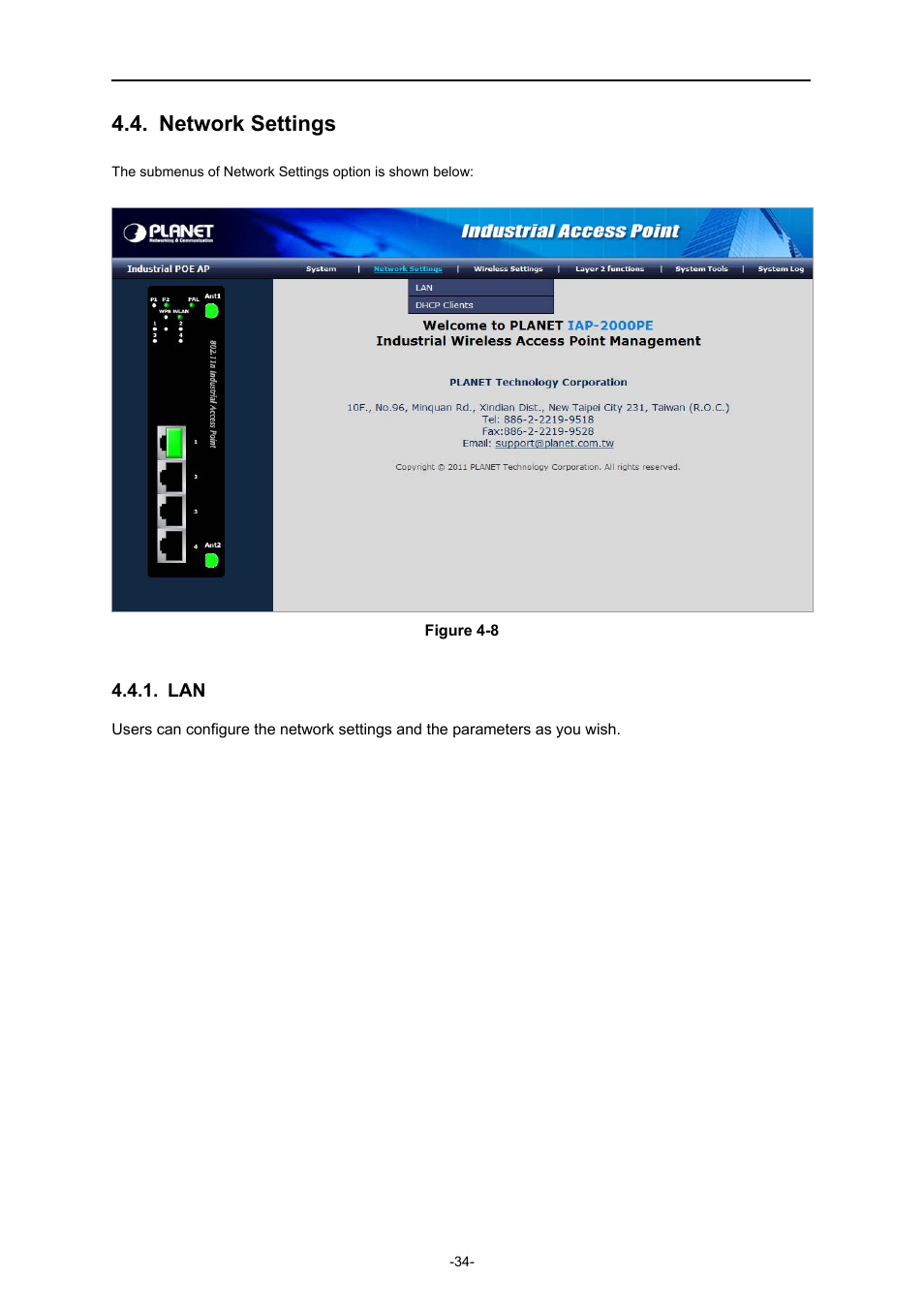 Network settings | PLANET IAP-2000PE User Manual | Page 35 / 82