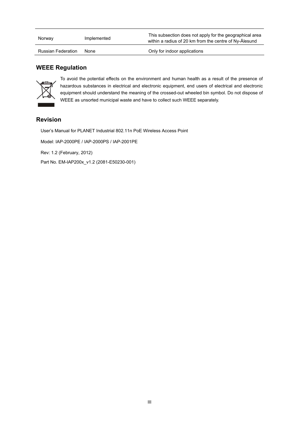 Weee regulation, Revision | PLANET IAP-2000PE User Manual | Page 4 / 82
