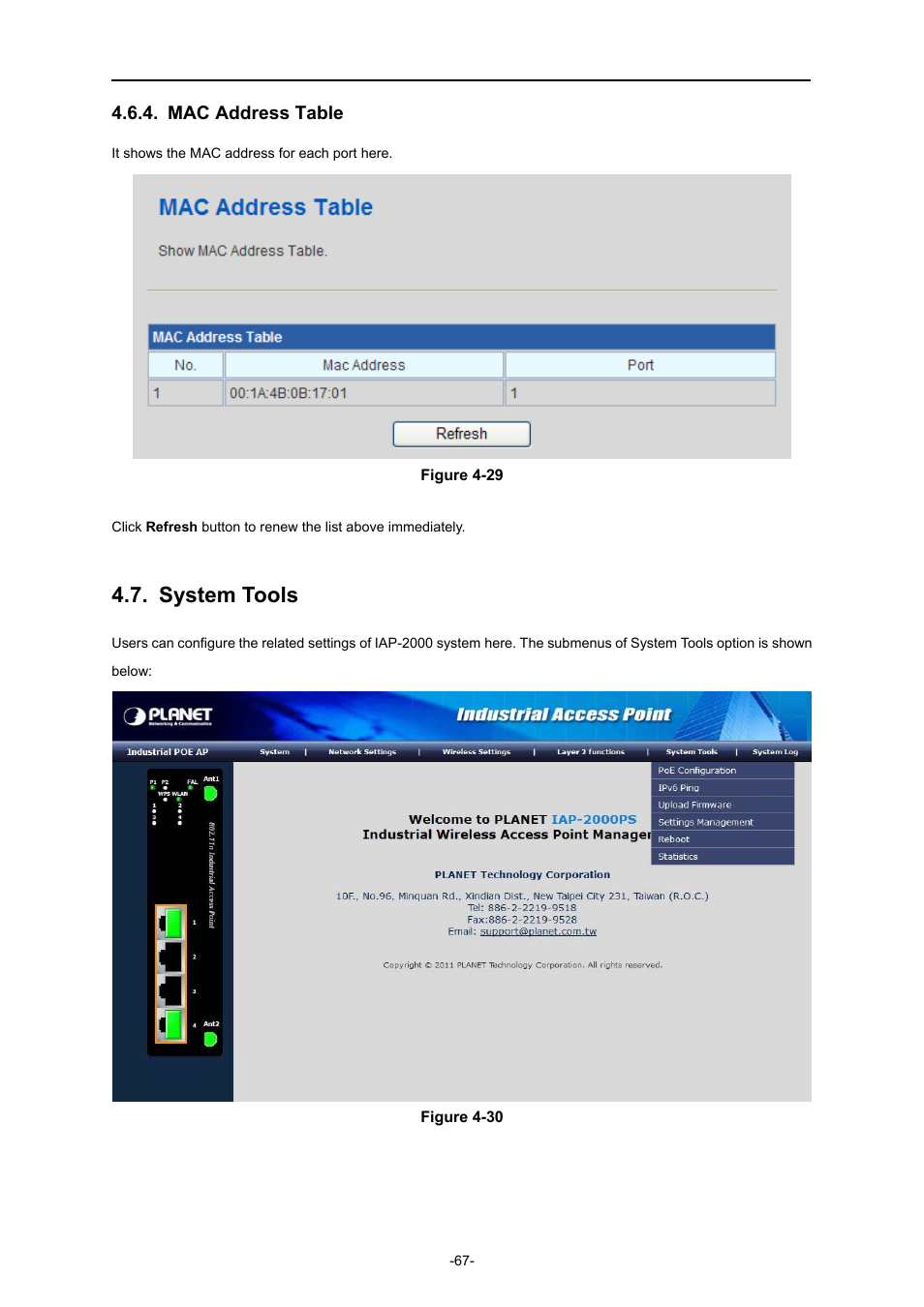 Mac address table, System tools | PLANET IAP-2000PE User Manual | Page 68 / 82